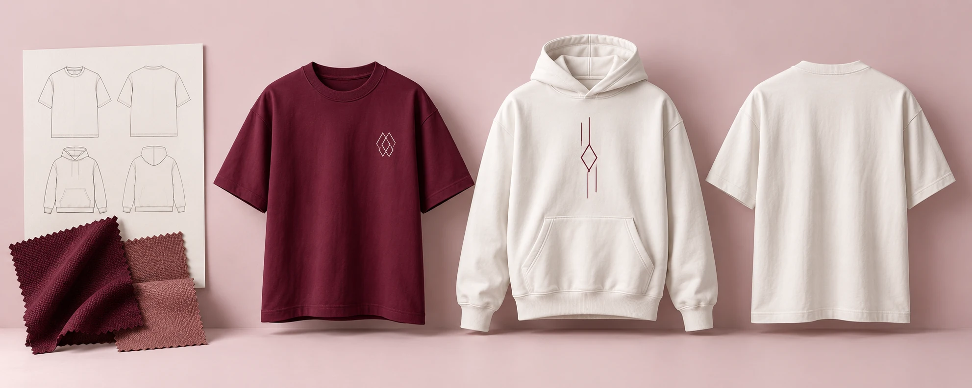 Illustrative burgundy and ivory apparel design concepts with garment sketches and fabric samples